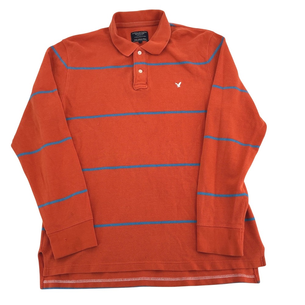 Vintage American Eagle Striped Long Sleeve Polo Mens Large Orange Preppy Skater